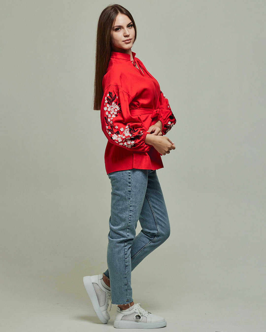 Red Linen Vyshyvanka Shirt with Traditional Embroidery