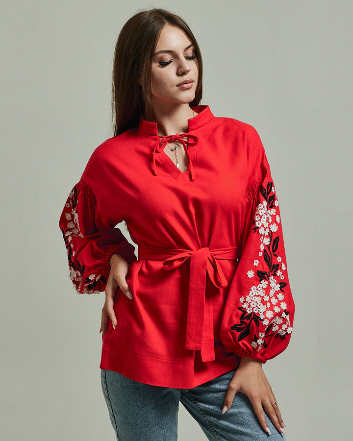 Red Linen Vyshyvanka Shirt with Traditional Embroidery
