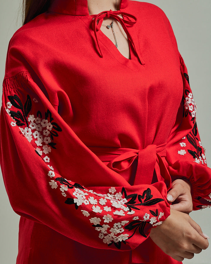 Red Linen Vyshyvanka Shirt with Traditional Embroidery