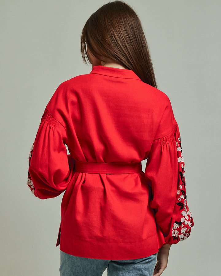Red Linen Vyshyvanka Shirt with Traditional Embroidery