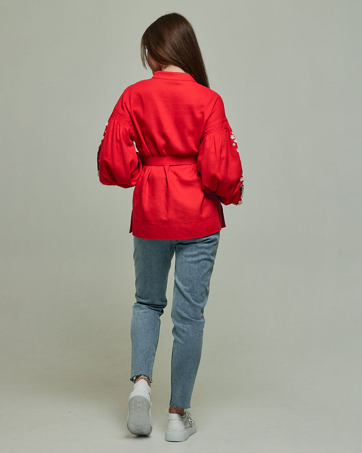 Red Linen Vyshyvanka Shirt with Traditional Embroidery