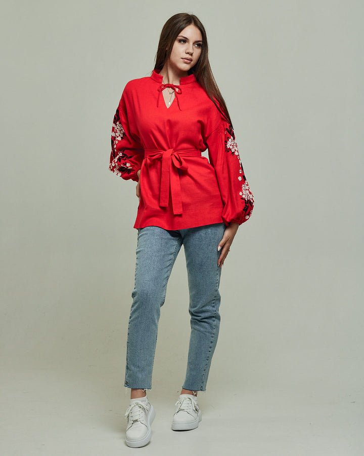Red Linen Vyshyvanka Shirt with Traditional Embroidery