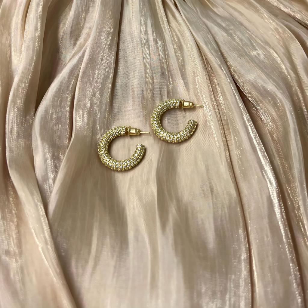 Elegant Diamond Alike-Encrusted Gold Hoop Earrings