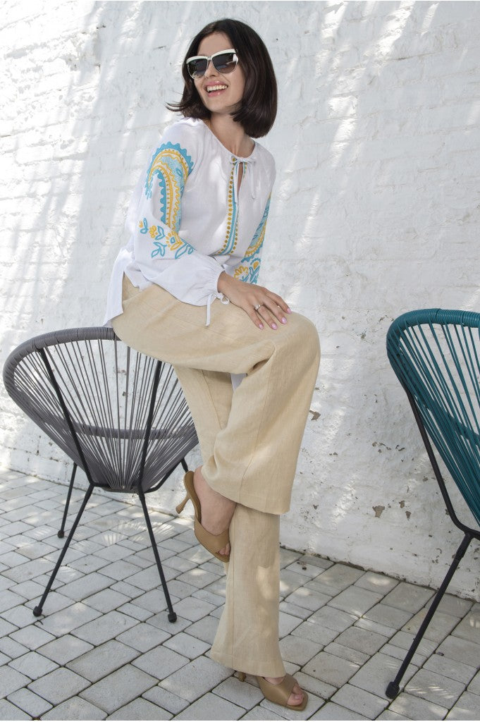 Women's Embroidery Linen Shirt Vyshyvanka with Puffed Sleeve