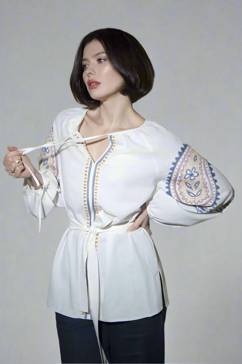 Women's Embroidery Linen Shirt Vyshyvanka with Puffed Sleeve
