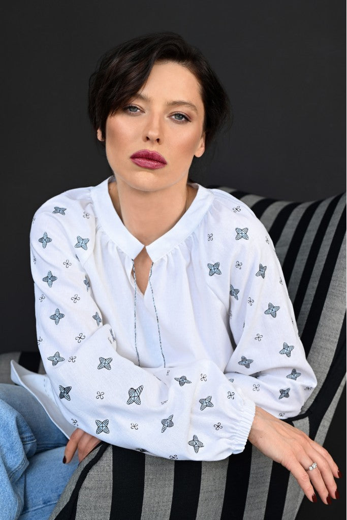 White Linen Shirt with Celestial Silver Star Embroidery