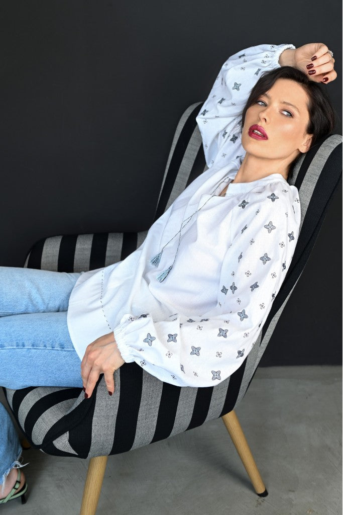 White Linen Shirt with Celestial Silver Star Embroidery