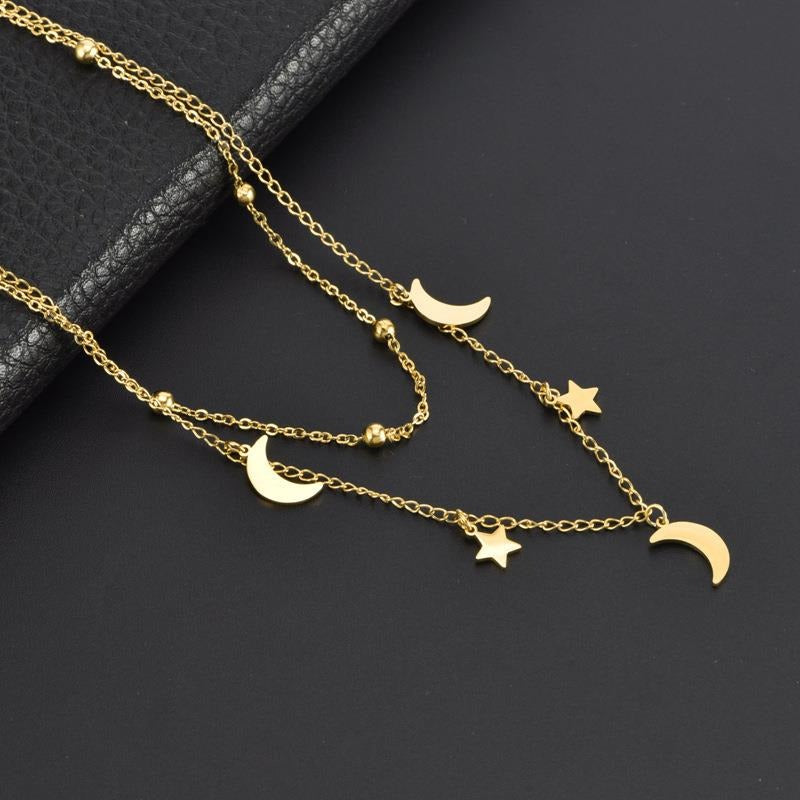 Double Chain Star & Moon Necklace in Gold